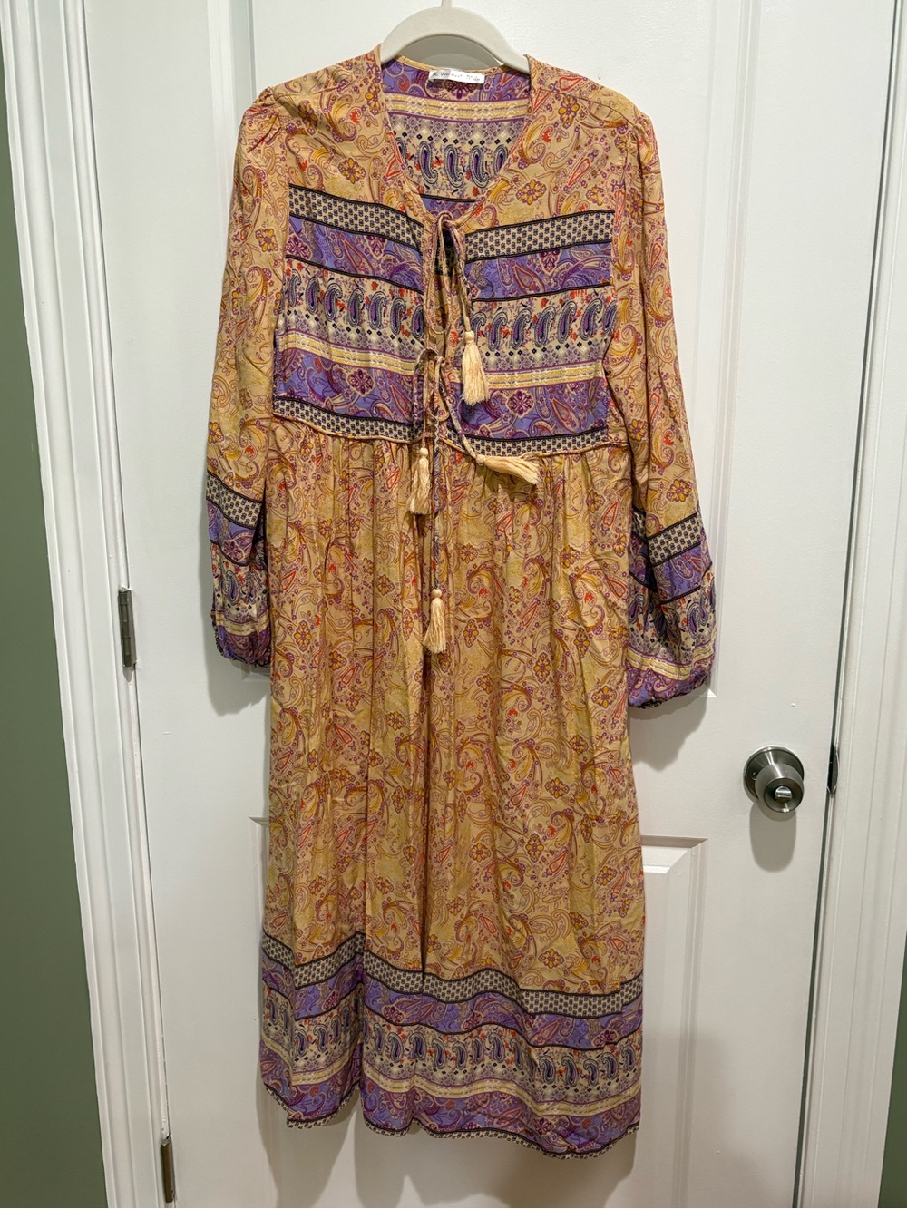 R. Vivimos Womens Tie Up Neck Long Sleeve Floral Tassel Bohemian Midi Dress L - Picture 4 of 8